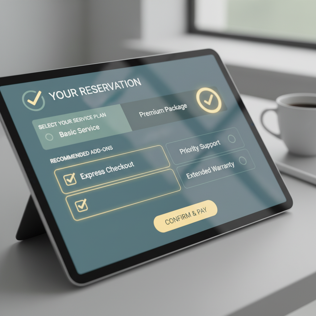 Online booking form with three pre-checked add-on services and a small gray uncheck option