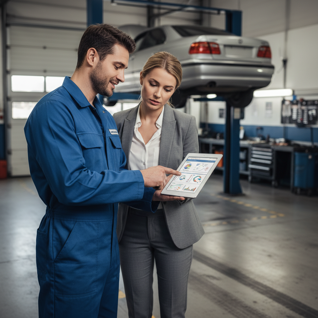 Technician using a tablet for digital vehicle inspection