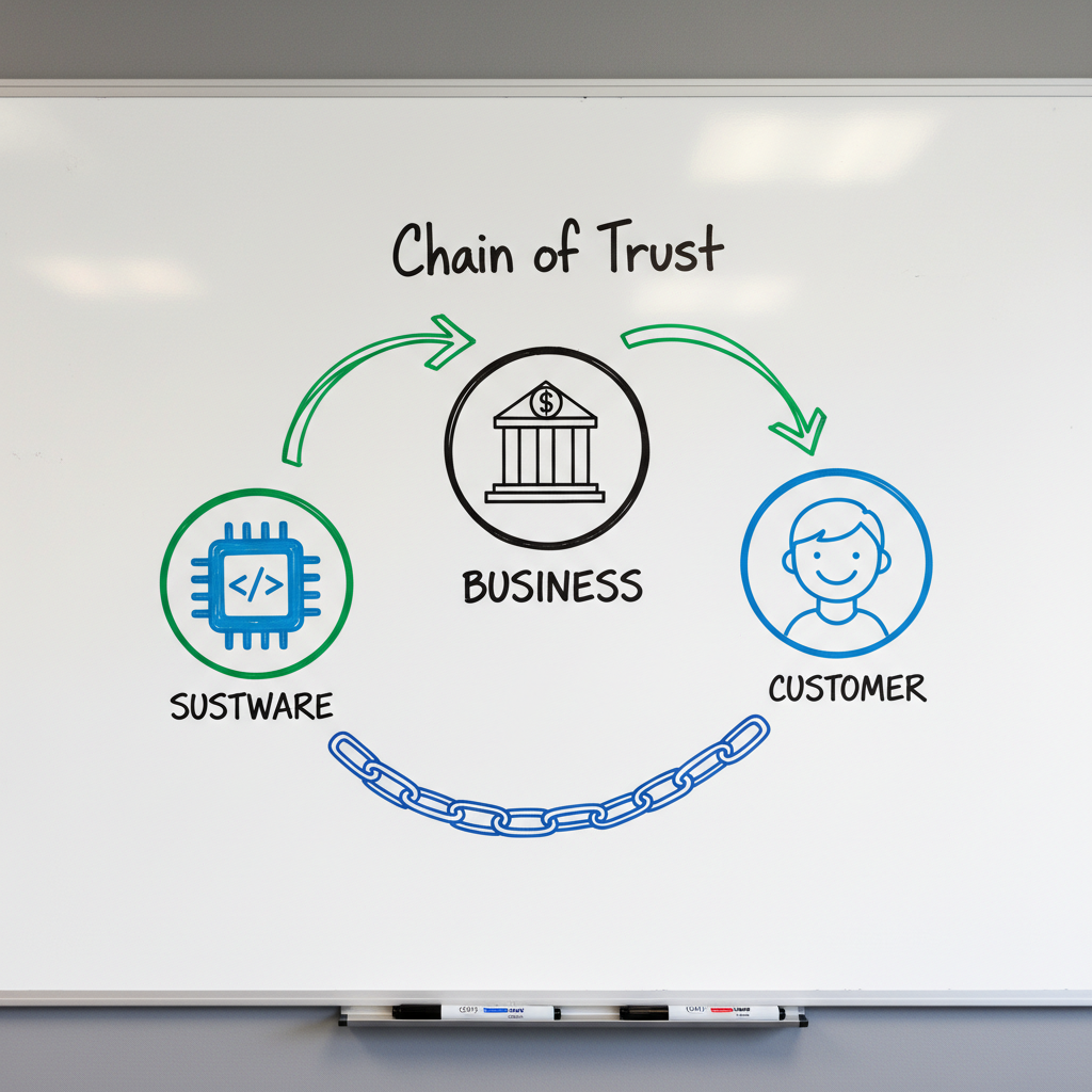 Flowchart showing the chain of trust from software vendor to business owner to customer