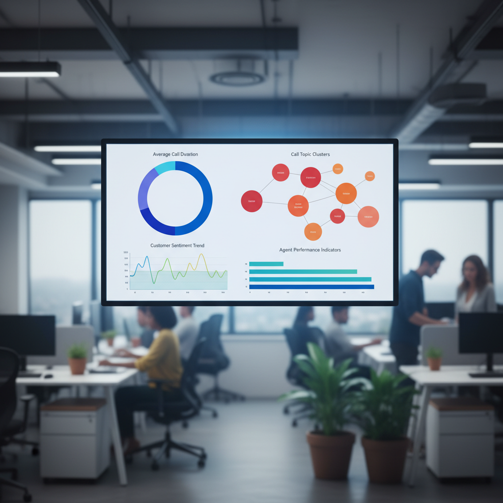 Dashboard showing call analytics with conversion rates, missed opportunities, and script adherence scores