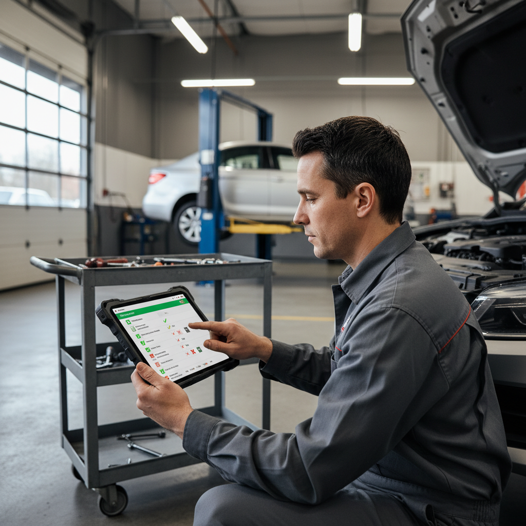 Technician holding a tablet showing a digital vehicle inspection with color-coded findings and approve buttons