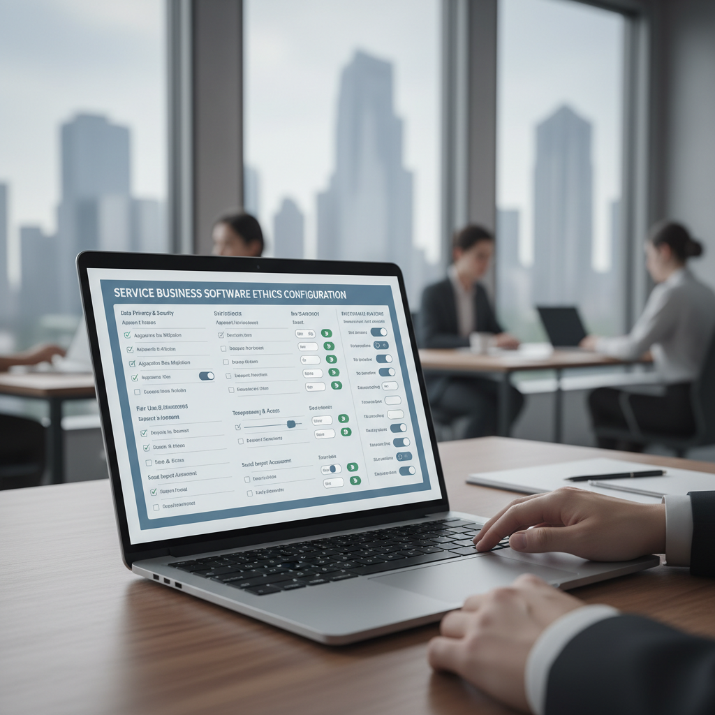 Service business owner reviewing software settings on a computer